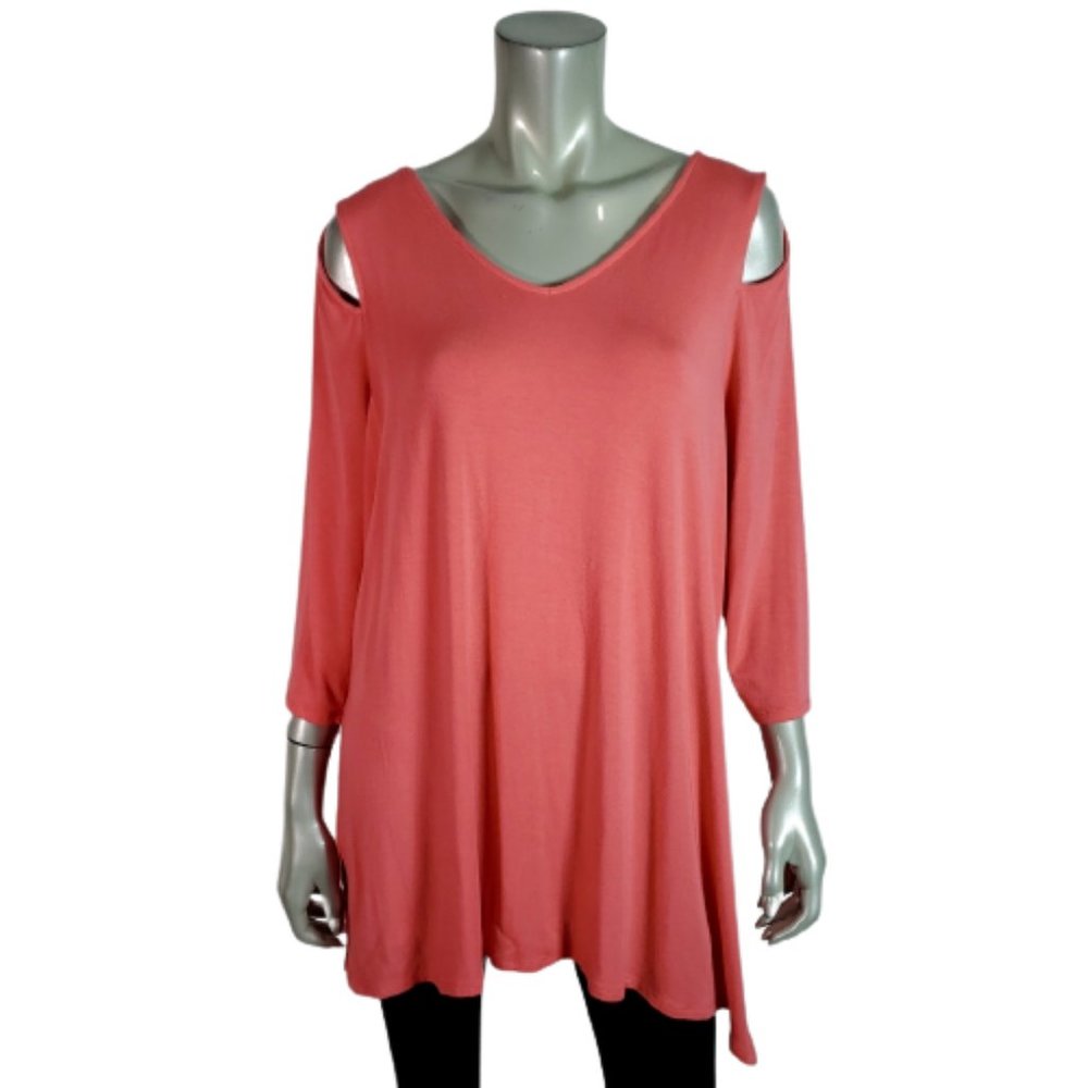 Belle Kim Gravel Top Plus‎ Size 1X Tunic Cold Shoulder Soft Stretch V-Neck Pink